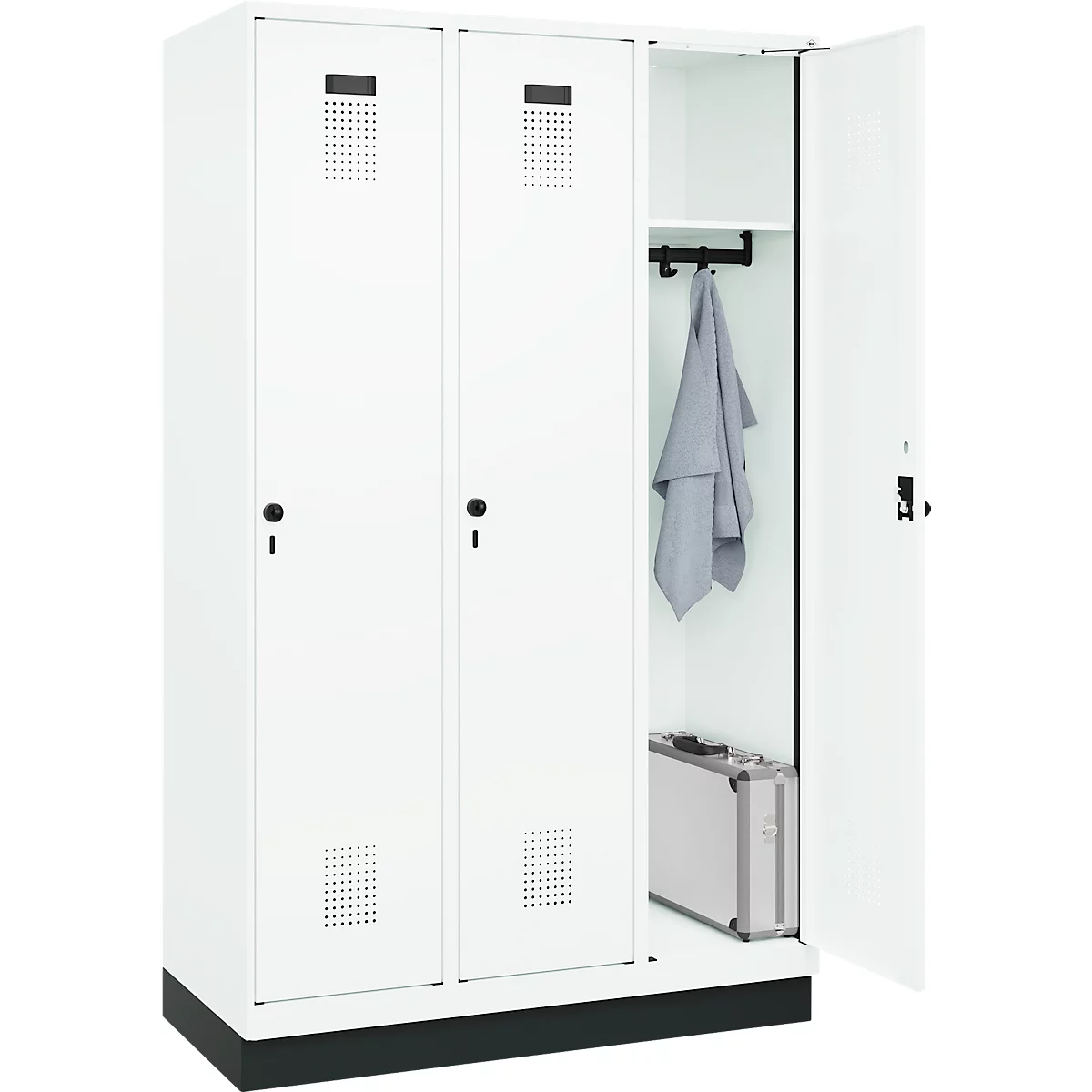 Vestiaire C+P Evolo Plus, 3 compartiments, largeur de compartiment 400 mm, avec socle, charnières à droite, L 1200 x P 500 x H 1950 mm, verrou tournant, blanc signalisation/blanc trafic