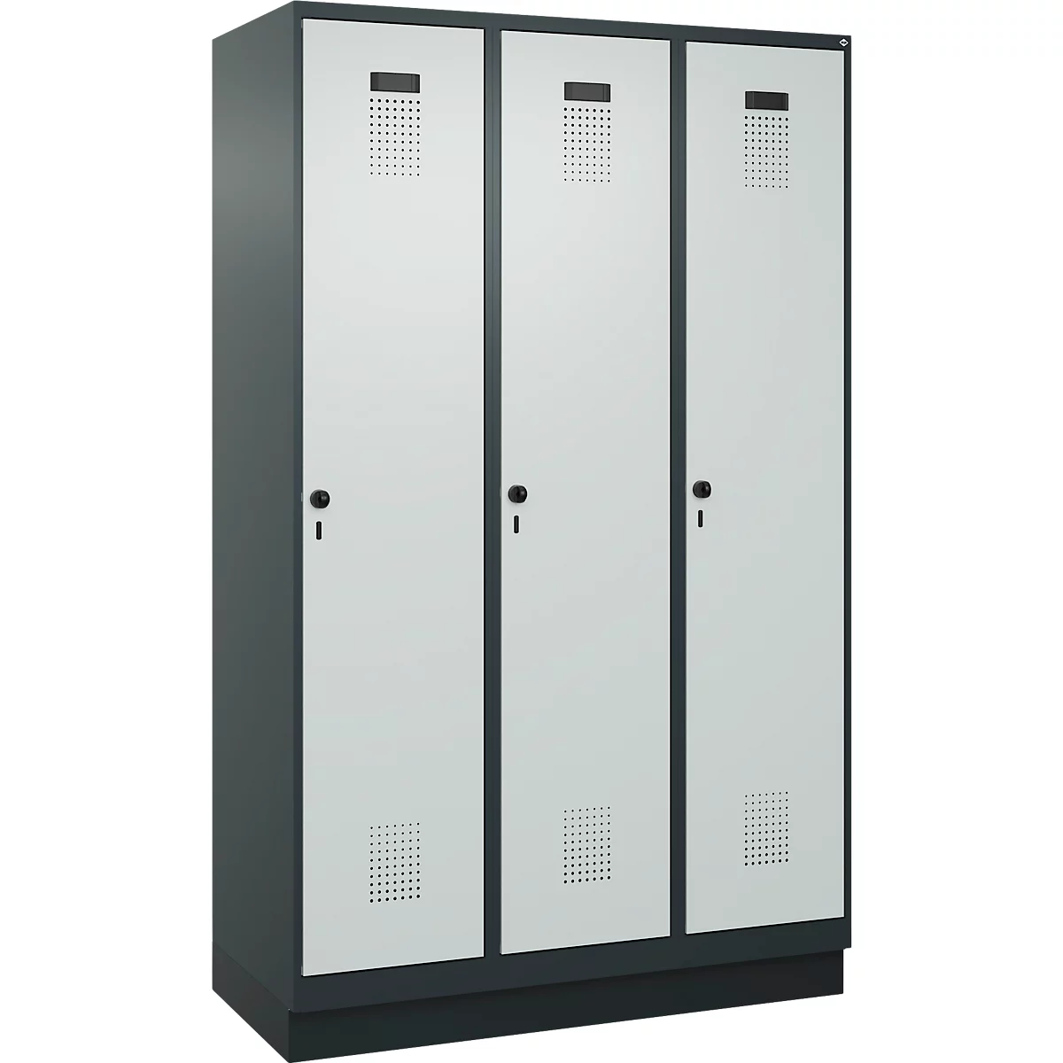 Vestiaire C+P Evolo Plus, 3 compartiments, largeur de compartiment 400 mm, avec socle, charnières à droite, L 1200 x P 500 x H 1950 mm, verrou tournant, gris anthracite/gris clair