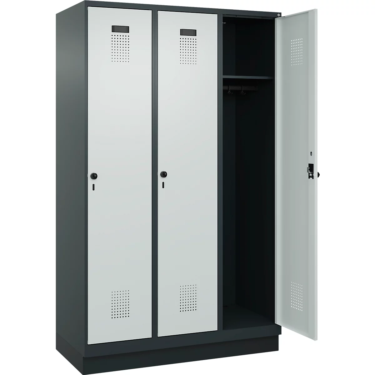 Vestiaire C+P Evolo Plus, 3 compartiments, largeur de compartiment 400 mm, avec socle, charnières à droite, L 1200 x P 500 x H 1950 mm, verrou tournant, gris anthracite/gris clair