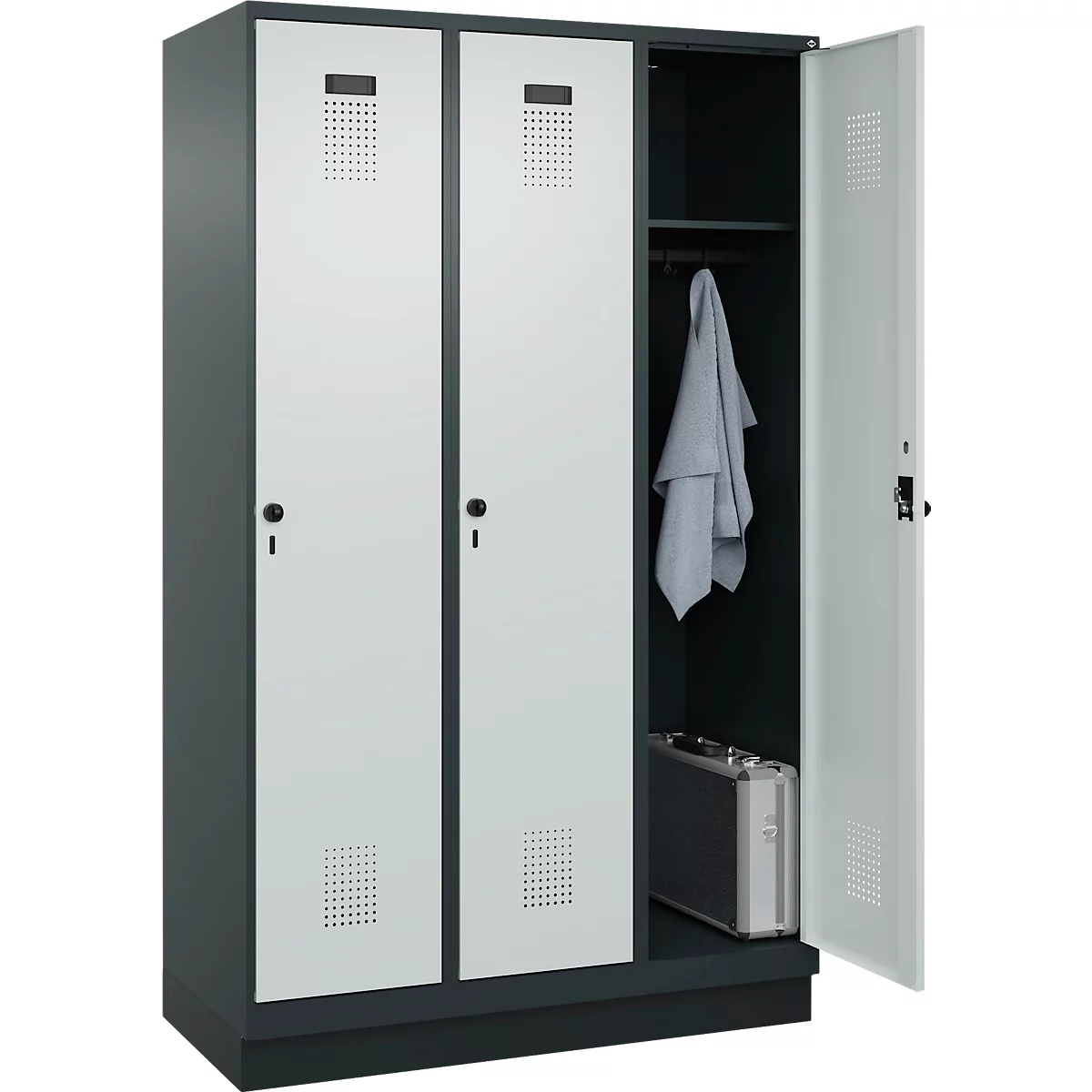 Vestiaire C+P Evolo Plus, 3 compartiments, largeur de compartiment 400 mm, avec socle, charnières à droite, L 1200 x P 500 x H 1950 mm, verrou tournant, gris anthracite/gris clair