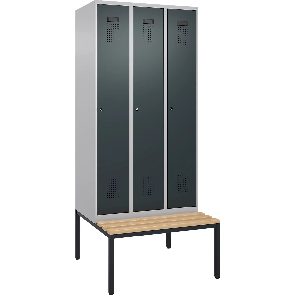 Vestiaire C+P Evolo Plus, 3 compartiments, largeur des compartiments 300 mm, avec banc encastré, L 900 x P 815 x H 2120 mm, cylindre, aluminium blanc/gris anthracite