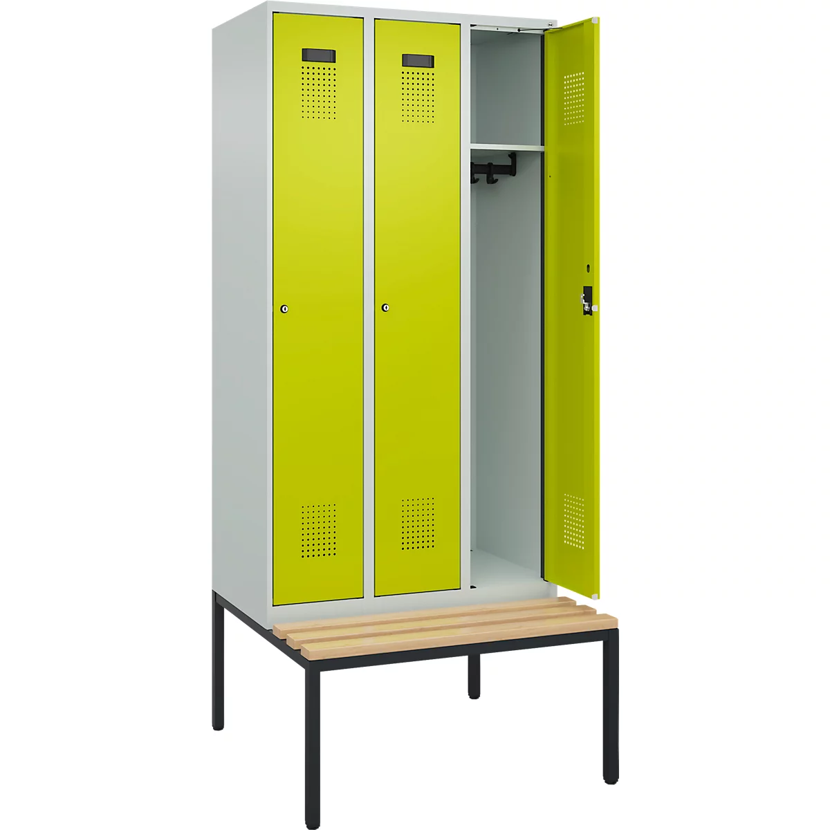Vestiaire C+P Evolo Plus, 3 compartiments, largeur des compartiments 300 mm, avec banc encastré, L 900 x P 815 x H 2120 mm, cylindre, gris clair/vert clown