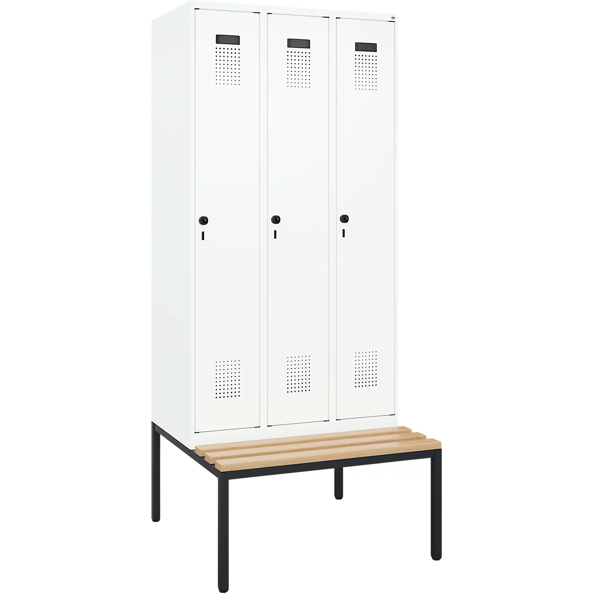 Vestiaire C+P Evolo Plus, 3 compartiments, largeur des compartiments 300 mm, avec banc encastré, L 900 x P 815 x H 2120 mm, verrou rotatif, blanc signalisation/blanc trafic