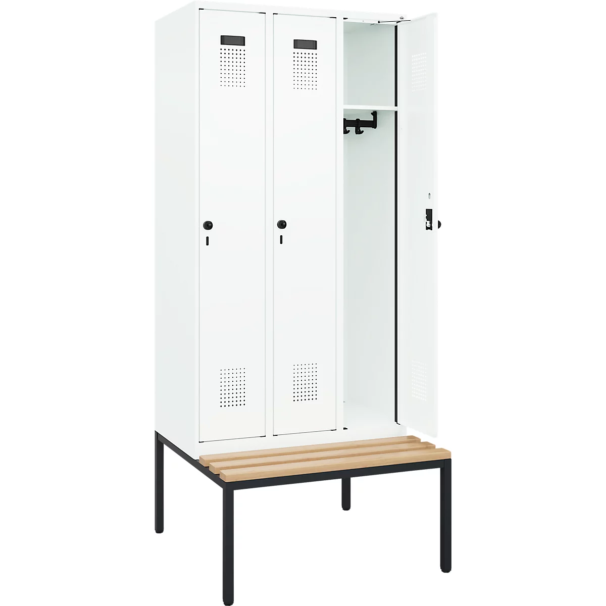 Vestiaire C+P Evolo Plus, 3 compartiments, largeur des compartiments 300 mm, avec banc encastré, L 900 x P 815 x H 2120 mm, verrou rotatif, blanc signalisation/blanc trafic