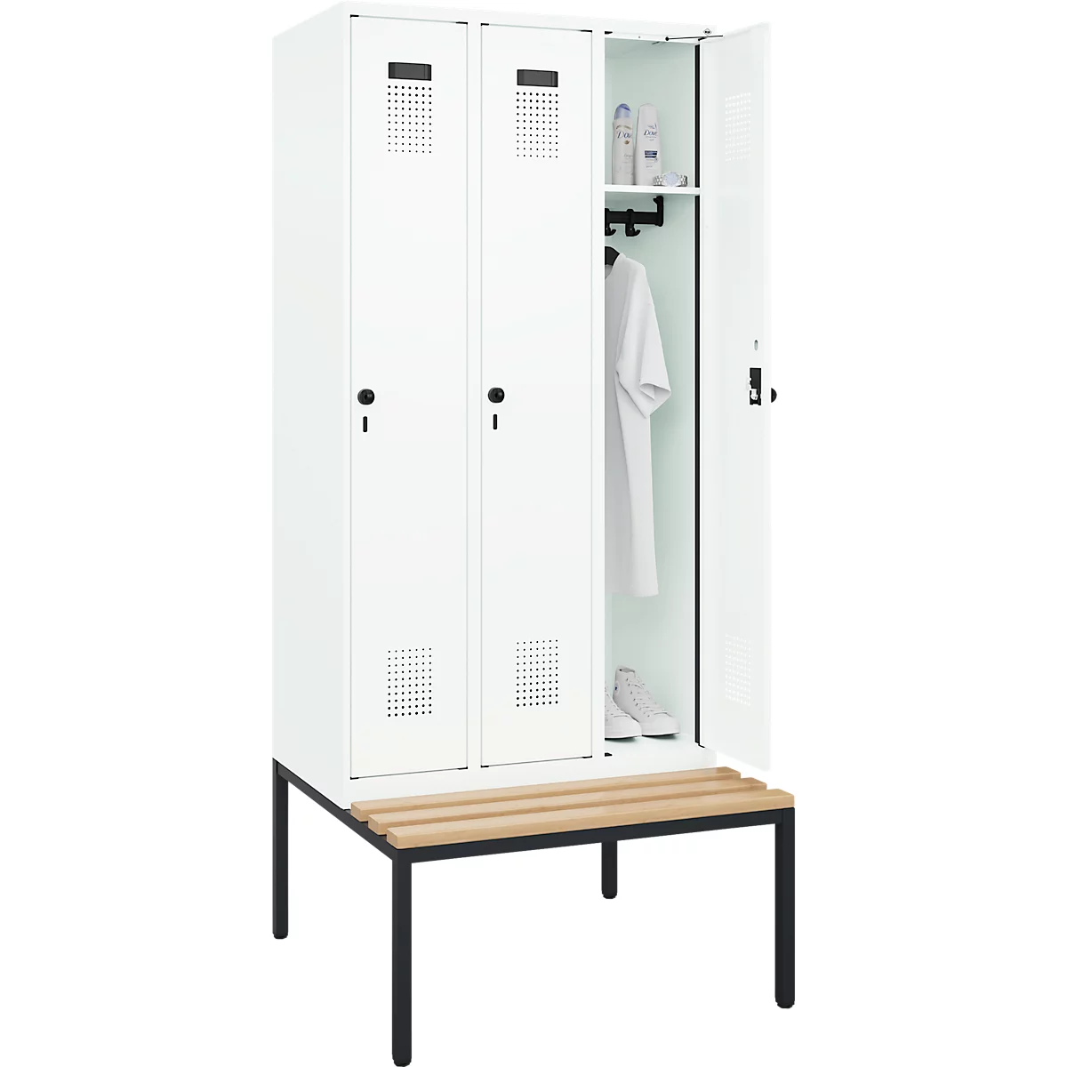 Vestiaire C+P Evolo Plus, 3 compartiments, largeur des compartiments 300 mm, avec banc encastré, L 900 x P 815 x H 2120 mm, verrou rotatif, blanc signalisation/blanc trafic