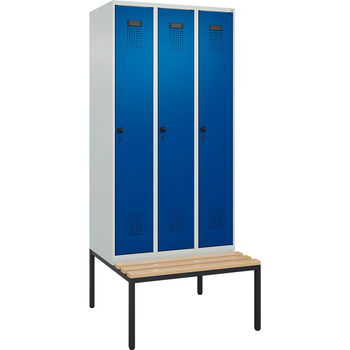 Vestiaire C+P Evolo Plus, 3 compartiments, largeur des compartiments 300 mm, avec banc encastré, L 900 x P 815 x H 2120 mm, verrou rotatif, gris clair/bleu gentiane