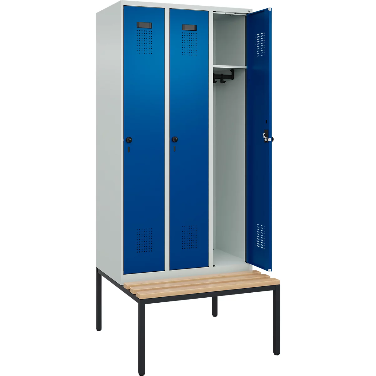 Vestiaire C+P Evolo Plus, 3 compartiments, largeur des compartiments 300 mm, avec banc encastré, L 900 x P 815 x H 2120 mm, verrou rotatif, gris clair/bleu gentiane