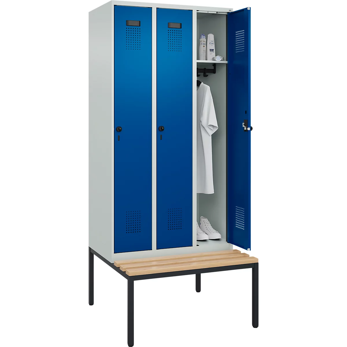 Vestiaire C+P Evolo Plus, 3 compartiments, largeur des compartiments 300 mm, avec banc encastré, L 900 x P 815 x H 2120 mm, verrou rotatif, gris clair/bleu gentiane