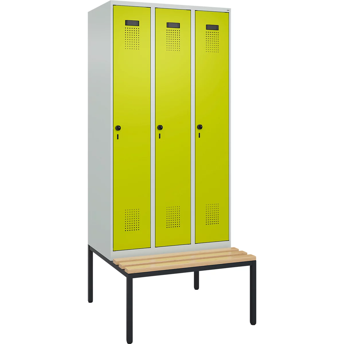 Vestiaire C+P Evolo Plus, 3 compartiments, largeur des compartiments 300 mm, avec banc encastré, L 900 x P 815 x H 2120 mm, verrou rotatif, gris clair/vert clown