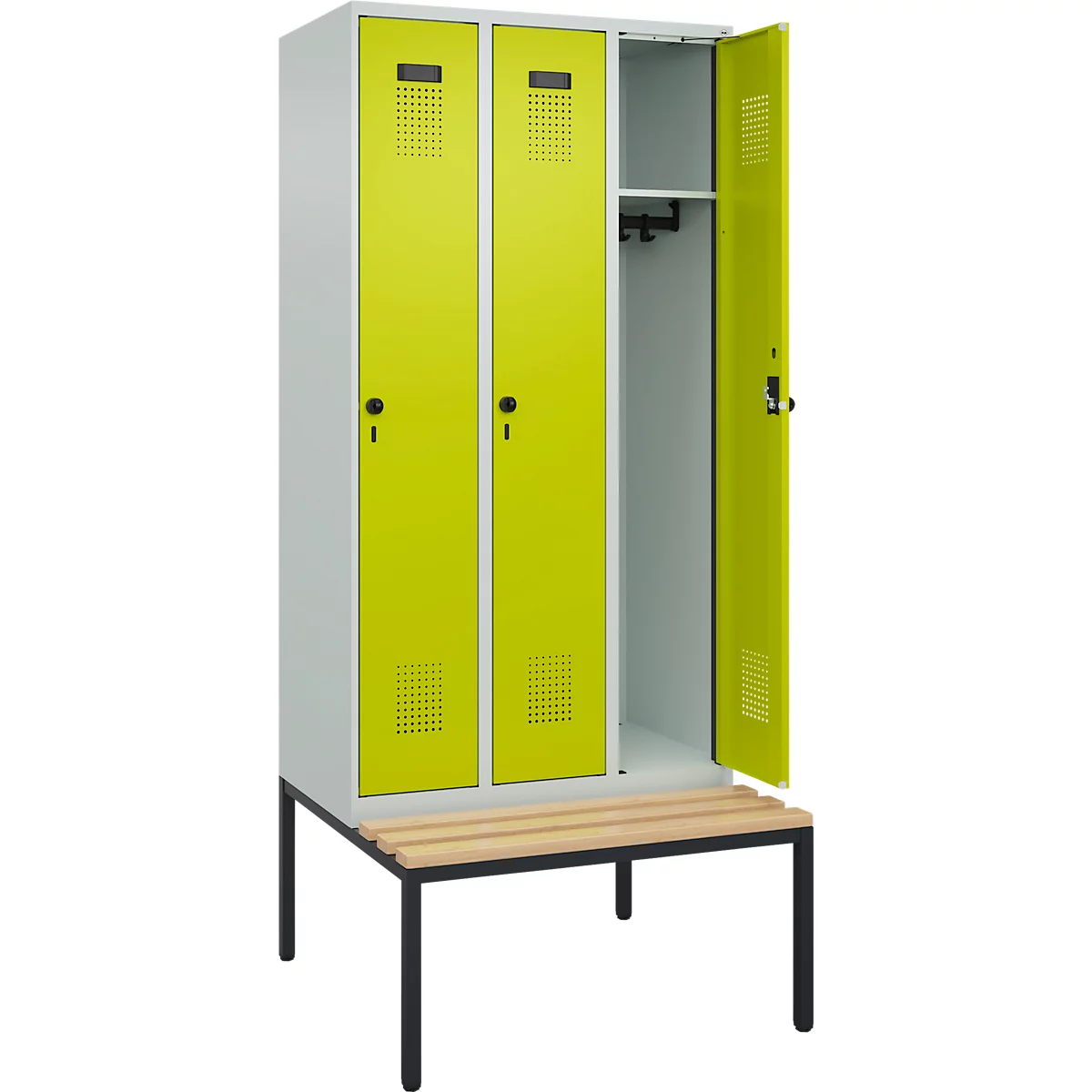 Vestiaire C+P Evolo Plus, 3 compartiments, largeur des compartiments 300 mm, avec banc encastré, L 900 x P 815 x H 2120 mm, verrou rotatif, gris clair/vert clown
