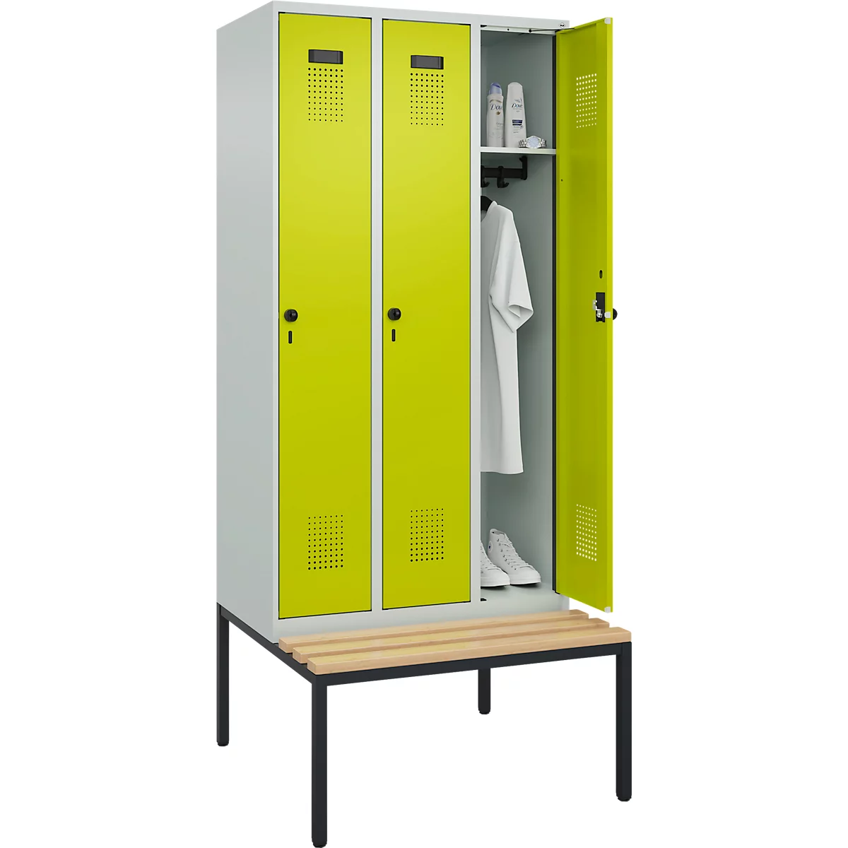 Vestiaire C+P Evolo Plus, 3 compartiments, largeur des compartiments 300 mm, avec banc encastré, L 900 x P 815 x H 2120 mm, verrou rotatif, gris clair/vert clown