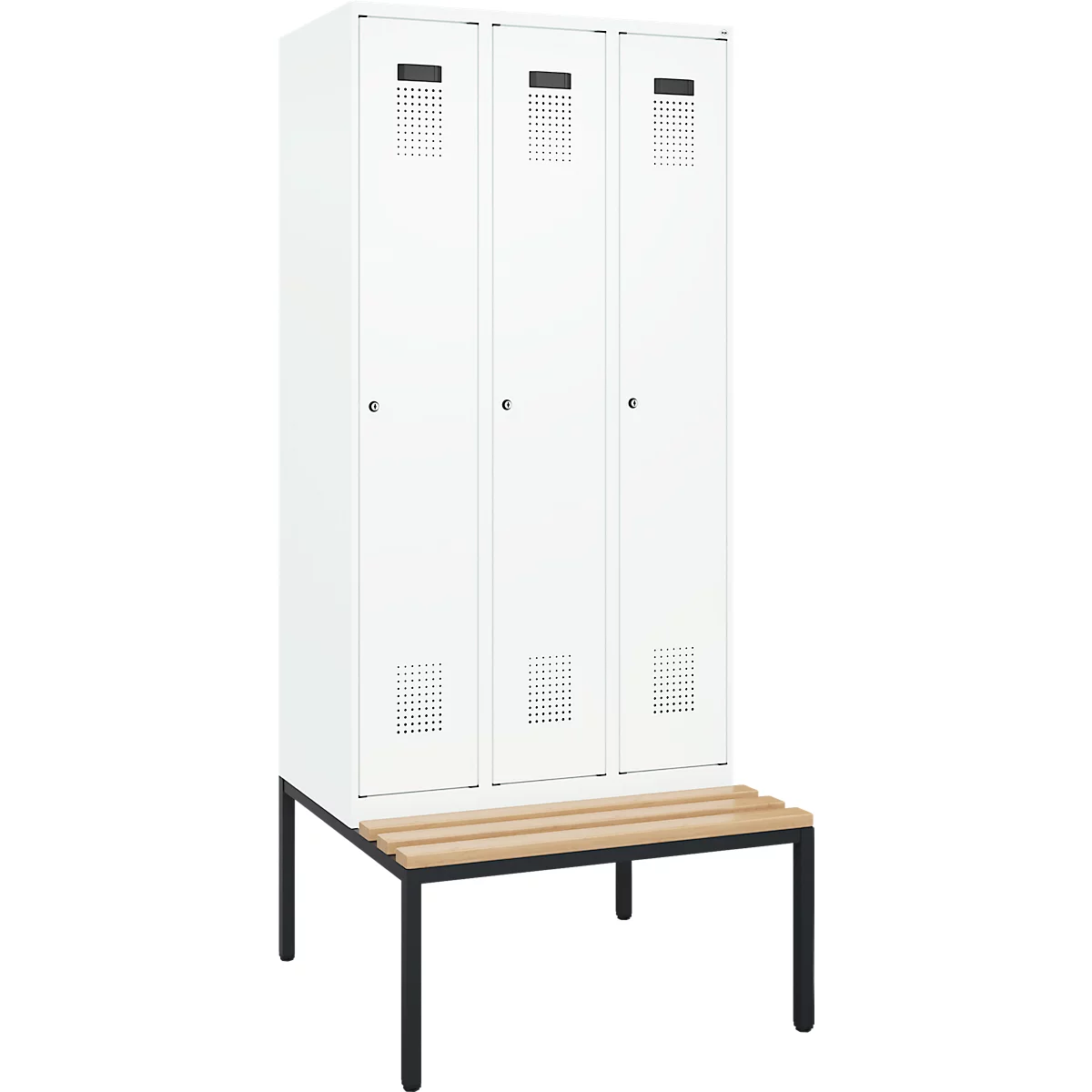Vestiaire C+P Evolo Plus, 3 compartiments, largeur des compartiments 300 mm, avec banquette encastrée, L 900 x P 815 x H 2120 mm, cylindre, blanc signalisation/blanc trafic