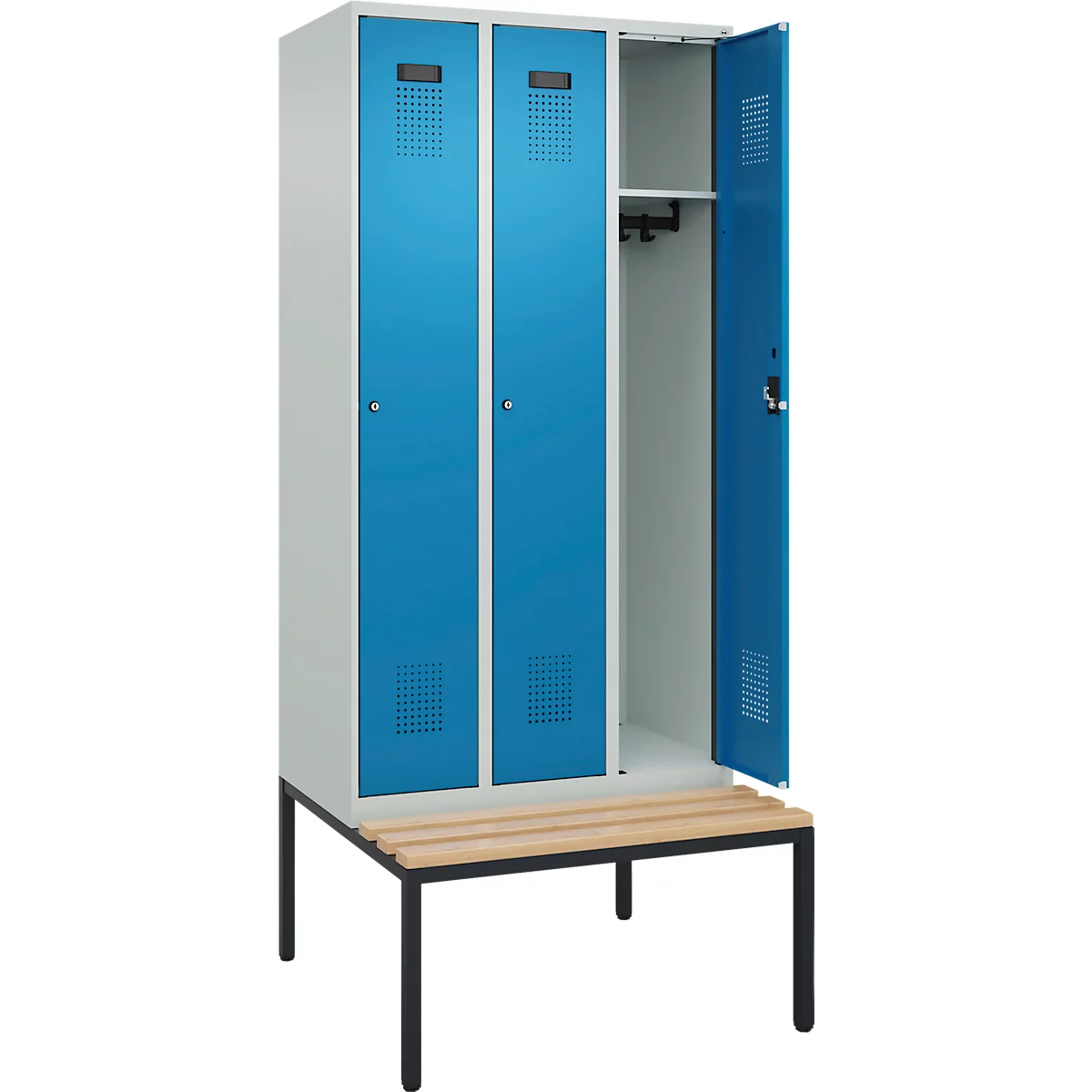 Vestiaire C+P Evolo Plus, 3 compartiments, largeur des compartiments 300 mm, avec banquette encastrée, L 900 x P 815 x H 2120 mm, cylindre, gris clair/bleu clair