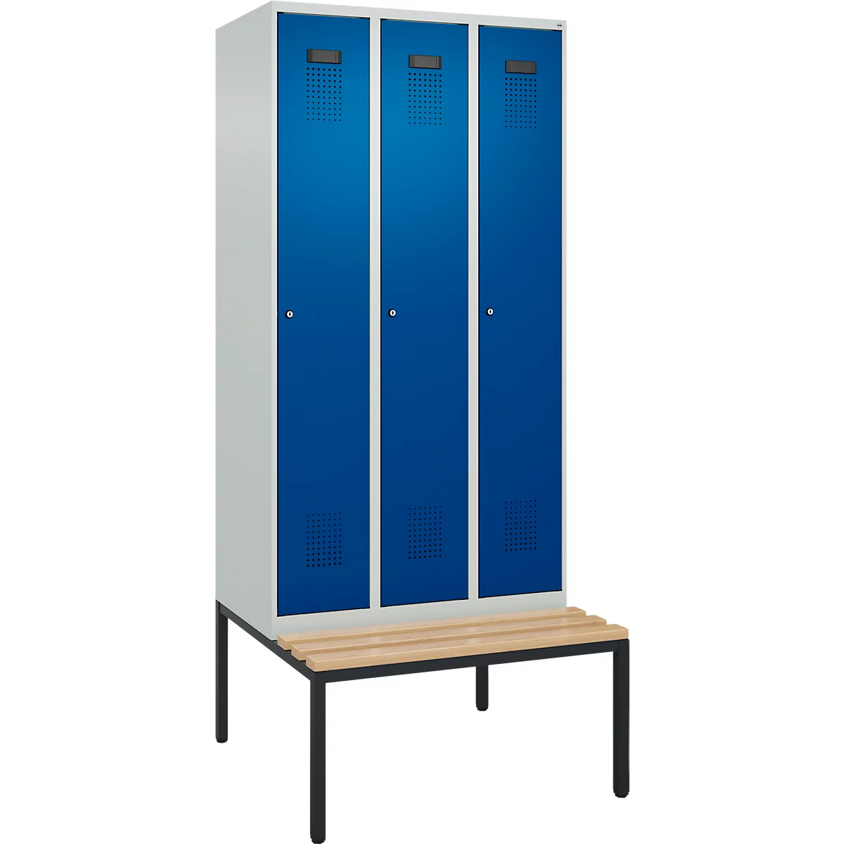 Vestiaire C+P Evolo Plus, 3 compartiments, largeur des compartiments 300 mm, avec banquette encastrée, L 900 x P 815 x H 2120 mm, cylindre, gris clair/bleu gentiane