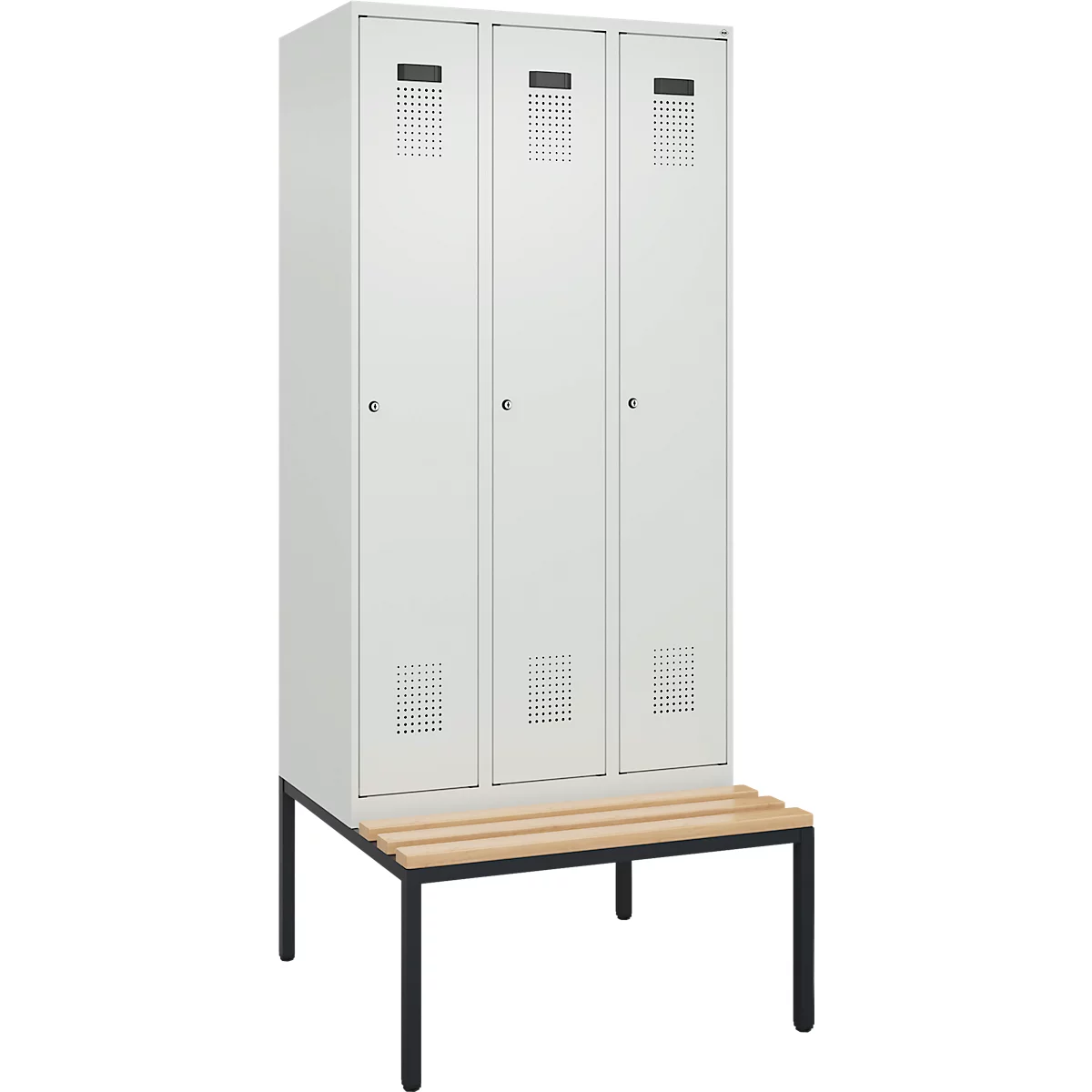 Vestiaire C+P Evolo Plus, 3 compartiments, largeur des compartiments 300 mm, avec banquette encastrée, L 900 x P 815 x H 2120 mm, cylindre, gris clair/gris clair