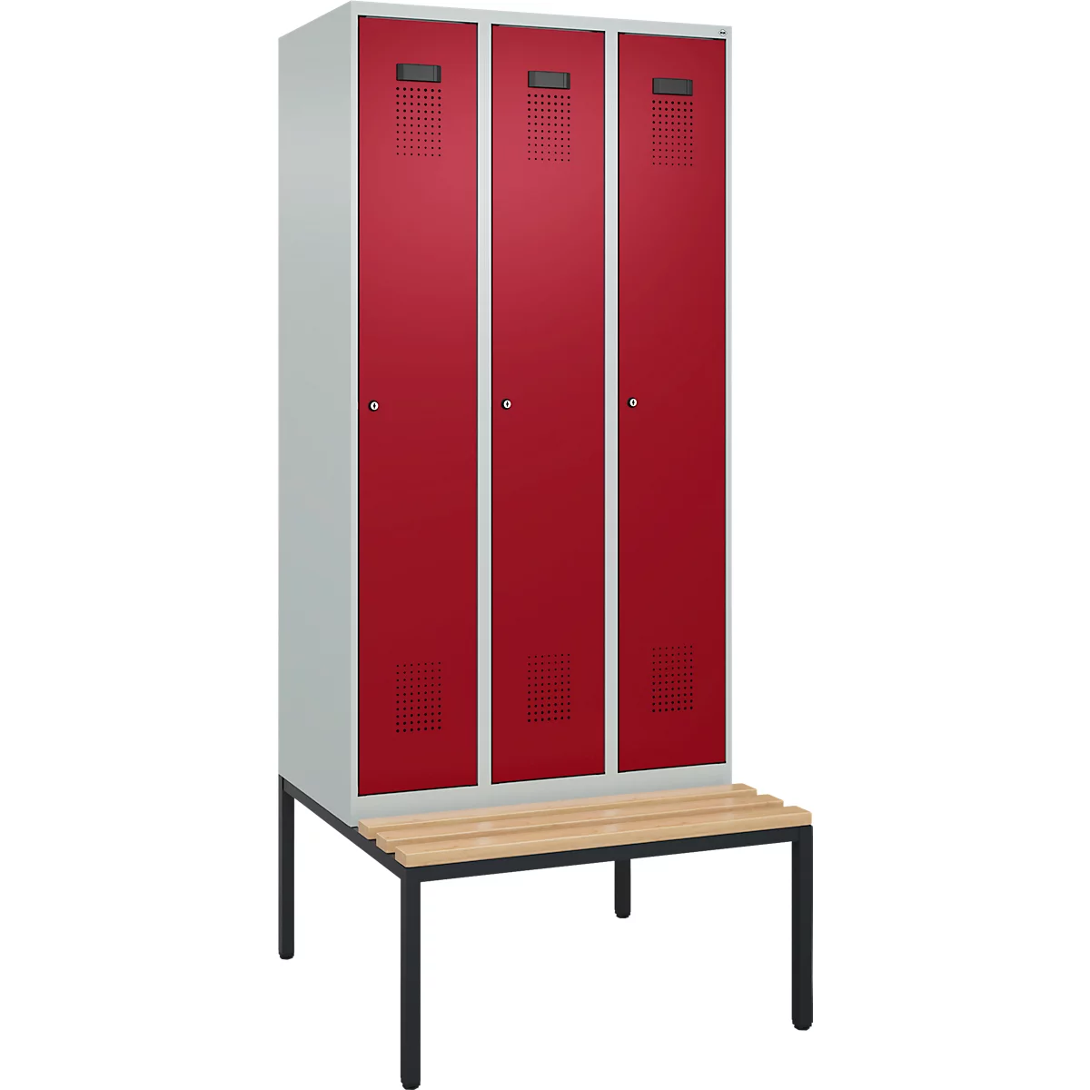 Vestiaire C+P Evolo Plus, 3 compartiments, largeur des compartiments 300 mm, avec banquette encastrée, L 900 x P 815 x H 2120 mm, cylindre, gris clair/rouge rubis