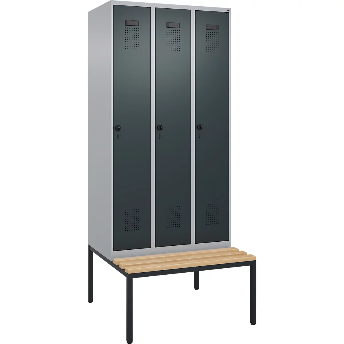 Vestiaire C+P Evolo Plus, 3 compartiments, largeur des compartiments 300 mm, avec banquette encastrée, L 900 x P 815 x H 2120 mm, verrou rotatif, blanc aluminium/gris anthracite