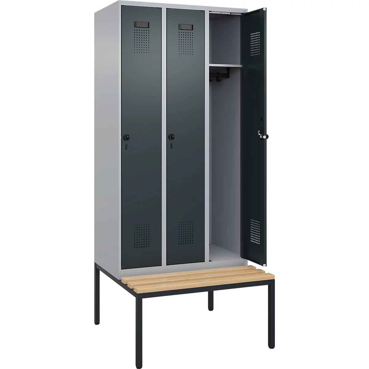Vestiaire C+P Evolo Plus, 3 compartiments, largeur des compartiments 300 mm, avec banquette encastrée, L 900 x P 815 x H 2120 mm, verrou rotatif, blanc aluminium/gris anthracite