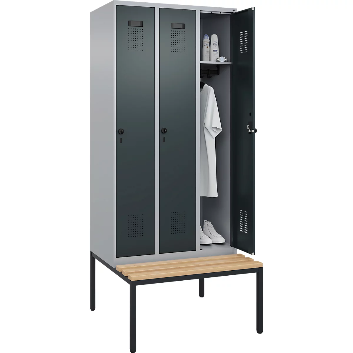 Vestiaire C+P Evolo Plus, 3 compartiments, largeur des compartiments 300 mm, avec banquette encastrée, L 900 x P 815 x H 2120 mm, verrou rotatif, blanc aluminium/gris anthracite
