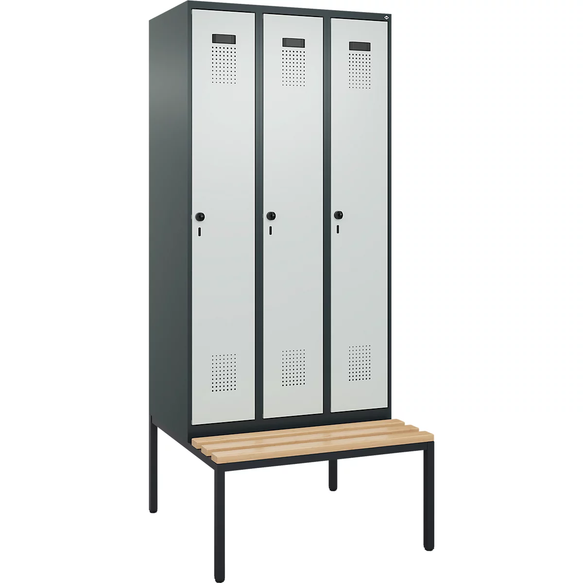 Vestiaire C+P Evolo Plus, 3 compartiments, largeur des compartiments 300 mm, avec banquette encastrée, L 900 x P 815 x H 2120 mm, verrou rotatif, gris anthracite/gris clair