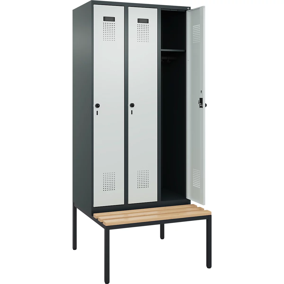 Vestiaire C+P Evolo Plus, 3 compartiments, largeur des compartiments 300 mm, avec banquette encastrée, L 900 x P 815 x H 2120 mm, verrou rotatif, gris anthracite/gris clair