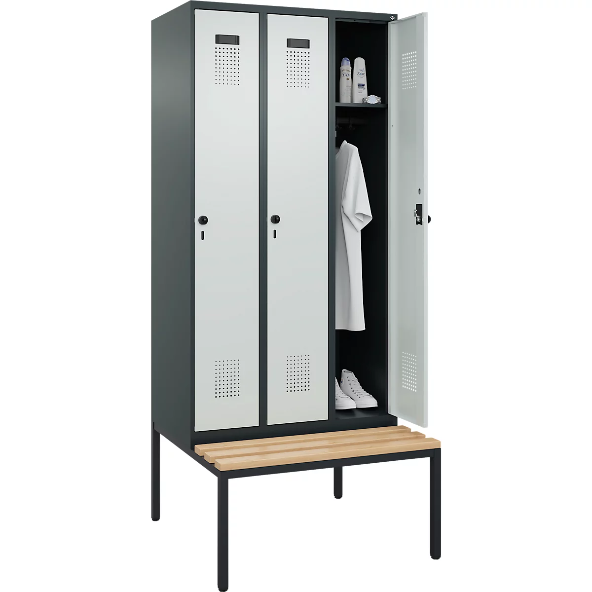 Vestiaire C+P Evolo Plus, 3 compartiments, largeur des compartiments 300 mm, avec banquette encastrée, L 900 x P 815 x H 2120 mm, verrou rotatif, gris anthracite/gris clair