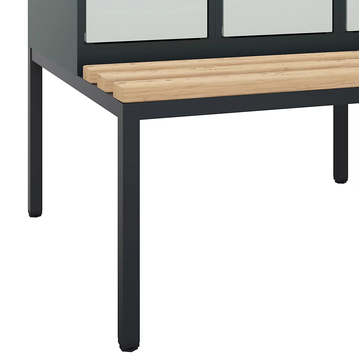 Vestiaire C+P Evolo Plus, 3 compartiments, largeur des compartiments 300 mm, avec banquette encastrée, L 900 x P 815 x H 2120 mm, verrou rotatif, gris anthracite/gris clair