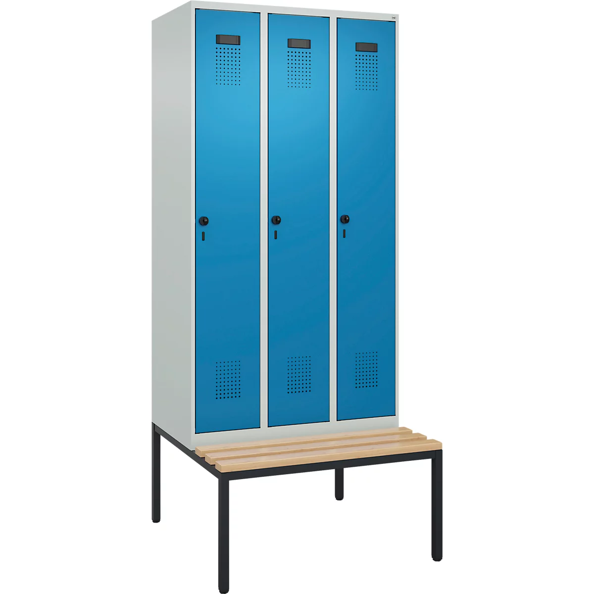 Vestiaire C+P Evolo Plus, 3 compartiments, largeur des compartiments 300 mm, avec banquette encastrée, L 900 x P 815 x H 2120 mm, verrou rotatif, gris clair/bleu clair