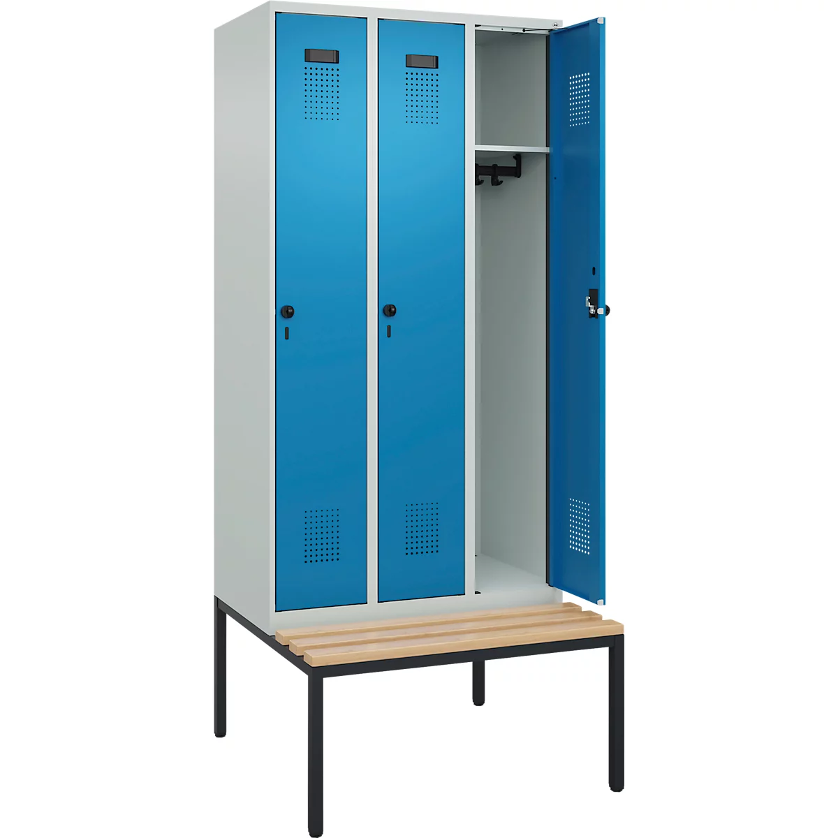 Vestiaire C+P Evolo Plus, 3 compartiments, largeur des compartiments 300 mm, avec banquette encastrée, L 900 x P 815 x H 2120 mm, verrou rotatif, gris clair/bleu clair