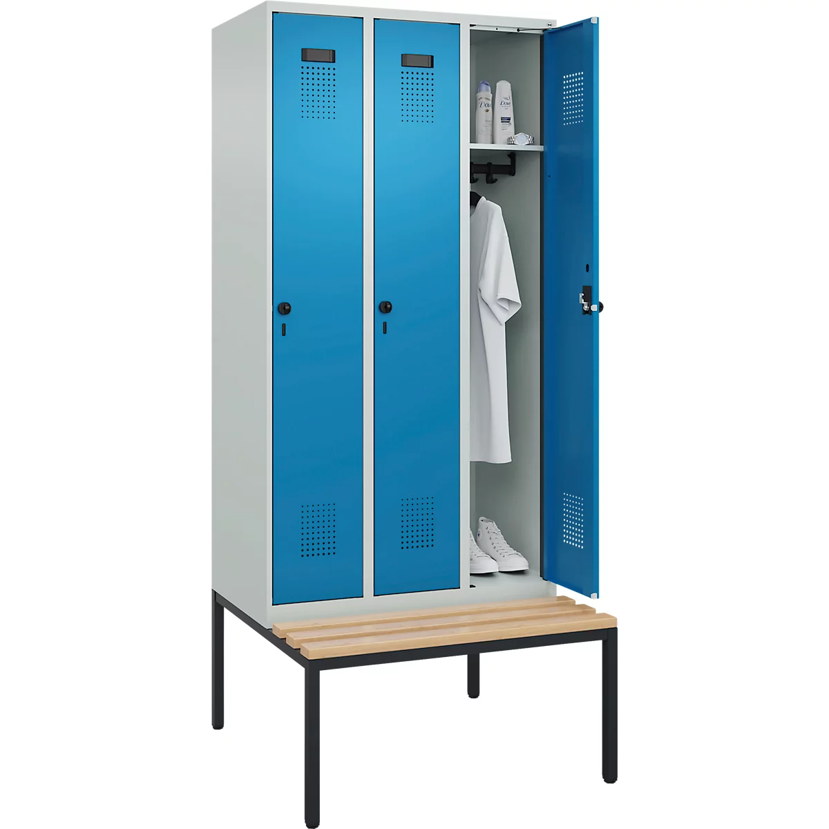 Vestiaire C+P Evolo Plus, 3 compartiments, largeur des compartiments 300 mm, avec banquette encastrée, L 900 x P 815 x H 2120 mm, verrou rotatif, gris clair/bleu clair