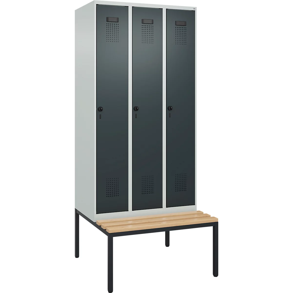 Vestiaire C+P Evolo Plus, 3 compartiments, largeur des compartiments 300 mm, avec banquette encastrée, L 900 x P 815 x H 2120 mm, verrou rotatif, gris clair/gris anthracite