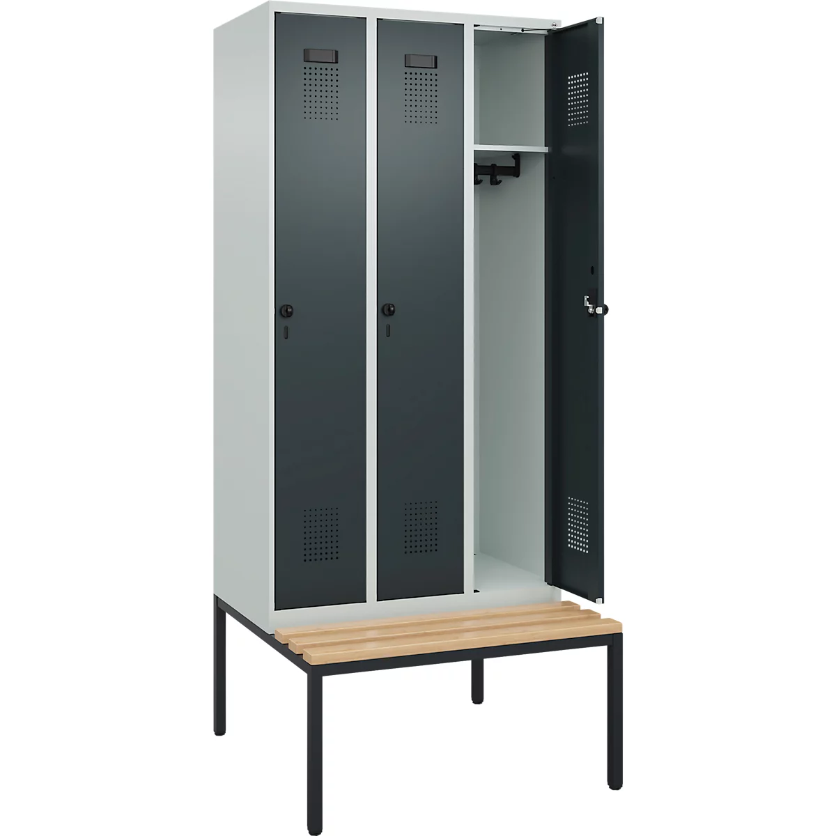 Vestiaire C+P Evolo Plus, 3 compartiments, largeur des compartiments 300 mm, avec banquette encastrée, L 900 x P 815 x H 2120 mm, verrou rotatif, gris clair/gris anthracite