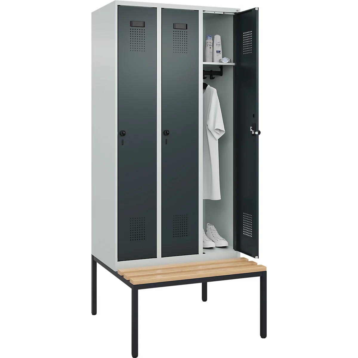 Vestiaire C+P Evolo Plus, 3 compartiments, largeur des compartiments 300 mm, avec banquette encastrée, L 900 x P 815 x H 2120 mm, verrou rotatif, gris clair/gris anthracite