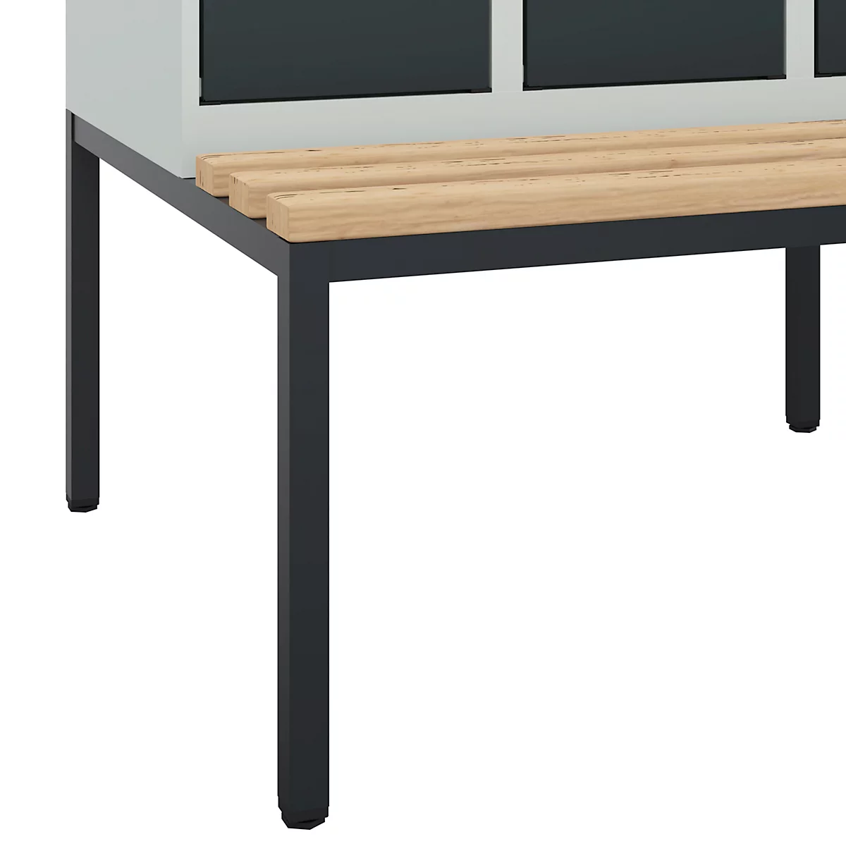 Vestiaire C+P Evolo Plus, 3 compartiments, largeur des compartiments 300 mm, avec banquette encastrée, L 900 x P 815 x H 2120 mm, verrou rotatif, gris clair/gris anthracite