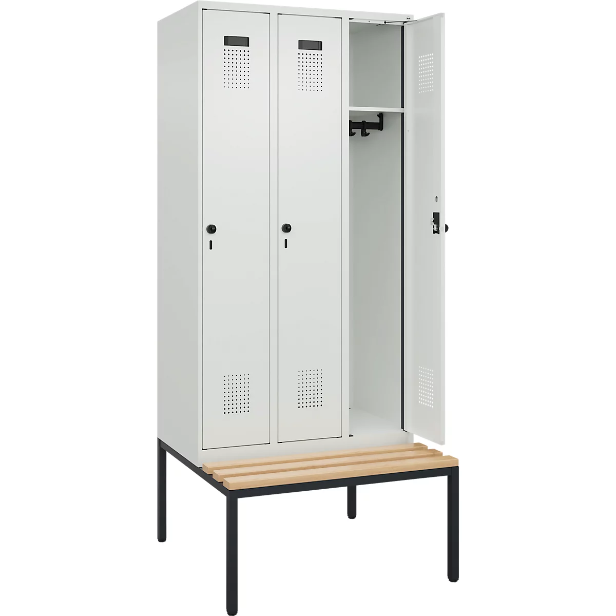 Vestiaire C+P Evolo Plus, 3 compartiments, largeur des compartiments 300 mm, avec banquette encastrée, L 900 x P 815 x H 2120 mm, verrou rotatif, gris clair/gris clair