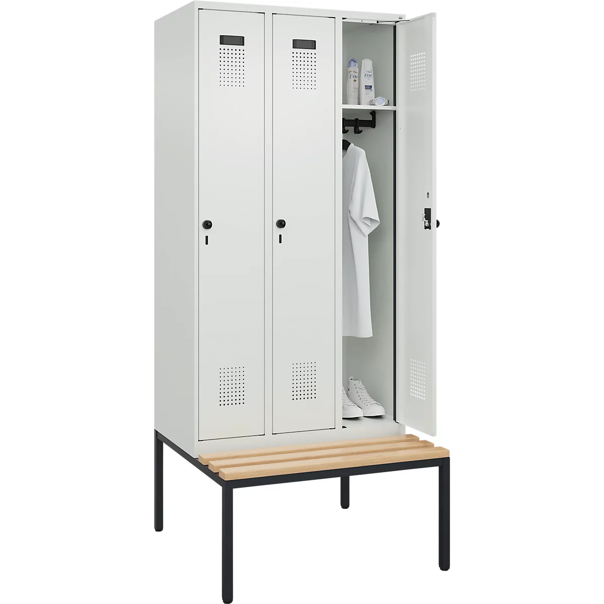 Vestiaire C+P Evolo Plus, 3 compartiments, largeur des compartiments 300 mm, avec banquette encastrée, L 900 x P 815 x H 2120 mm, verrou rotatif, gris clair/gris clair