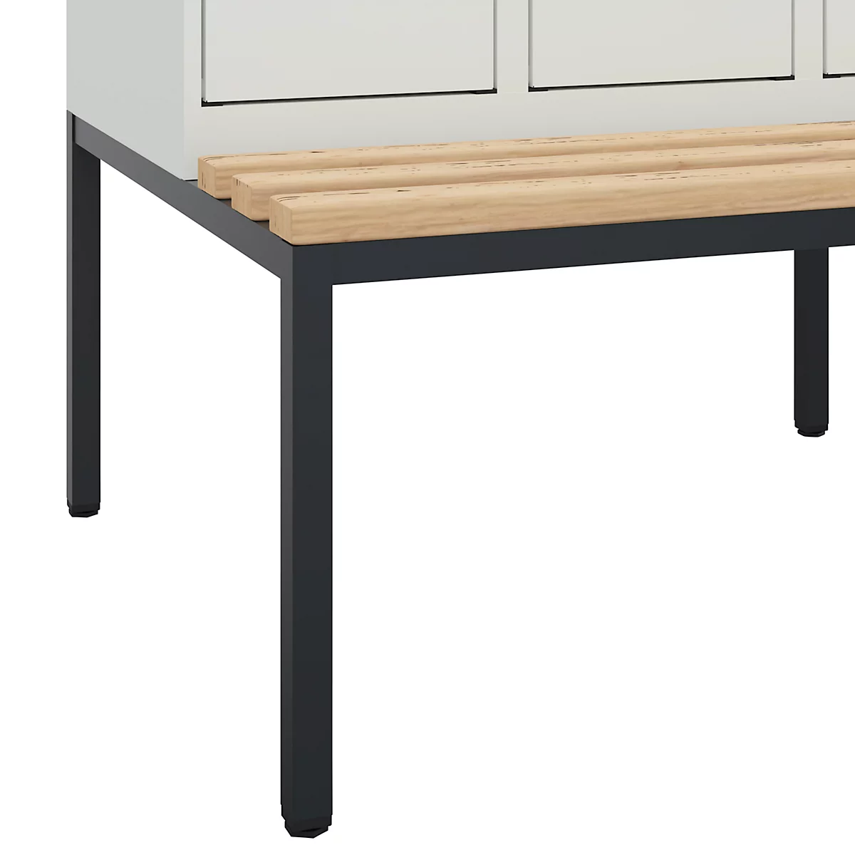 Vestiaire C+P Evolo Plus, 3 compartiments, largeur des compartiments 300 mm, avec banquette encastrée, L 900 x P 815 x H 2120 mm, verrou rotatif, gris clair/gris clair