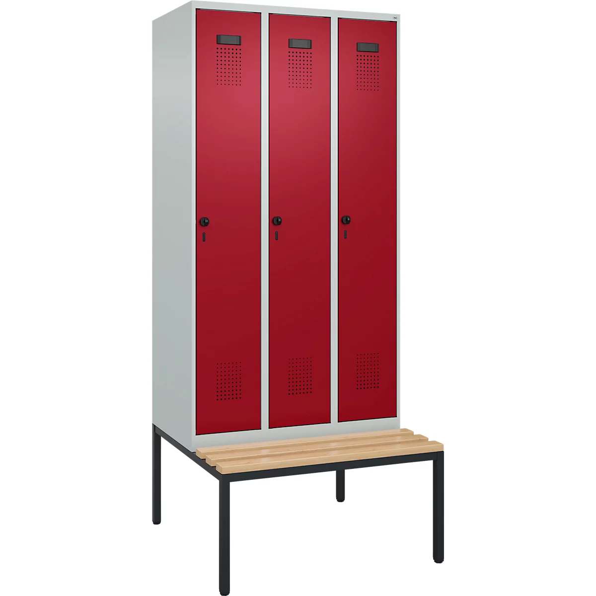 Vestiaire C+P Evolo Plus, 3 compartiments, largeur des compartiments 300 mm, avec banquette encastrée, L 900 x P 815 x H 2120 mm, verrou rotatif, gris clair/rouge rubis