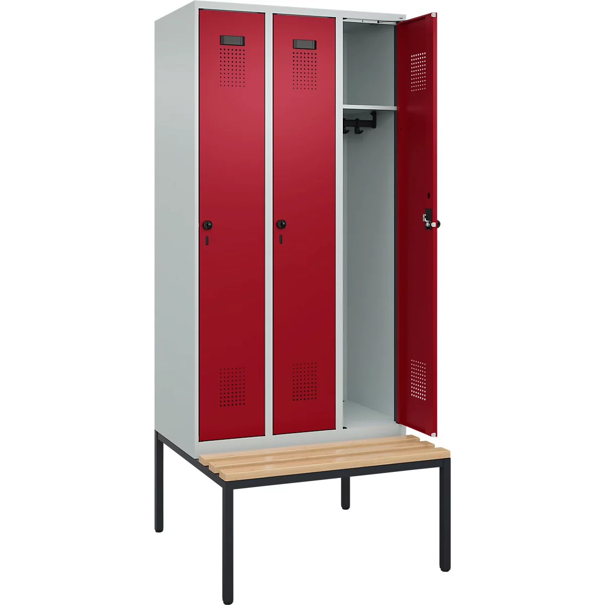 Vestiaire C+P Evolo Plus, 3 compartiments, largeur des compartiments 300 mm, avec banquette encastrée, L 900 x P 815 x H 2120 mm, verrou rotatif, gris clair/rouge rubis