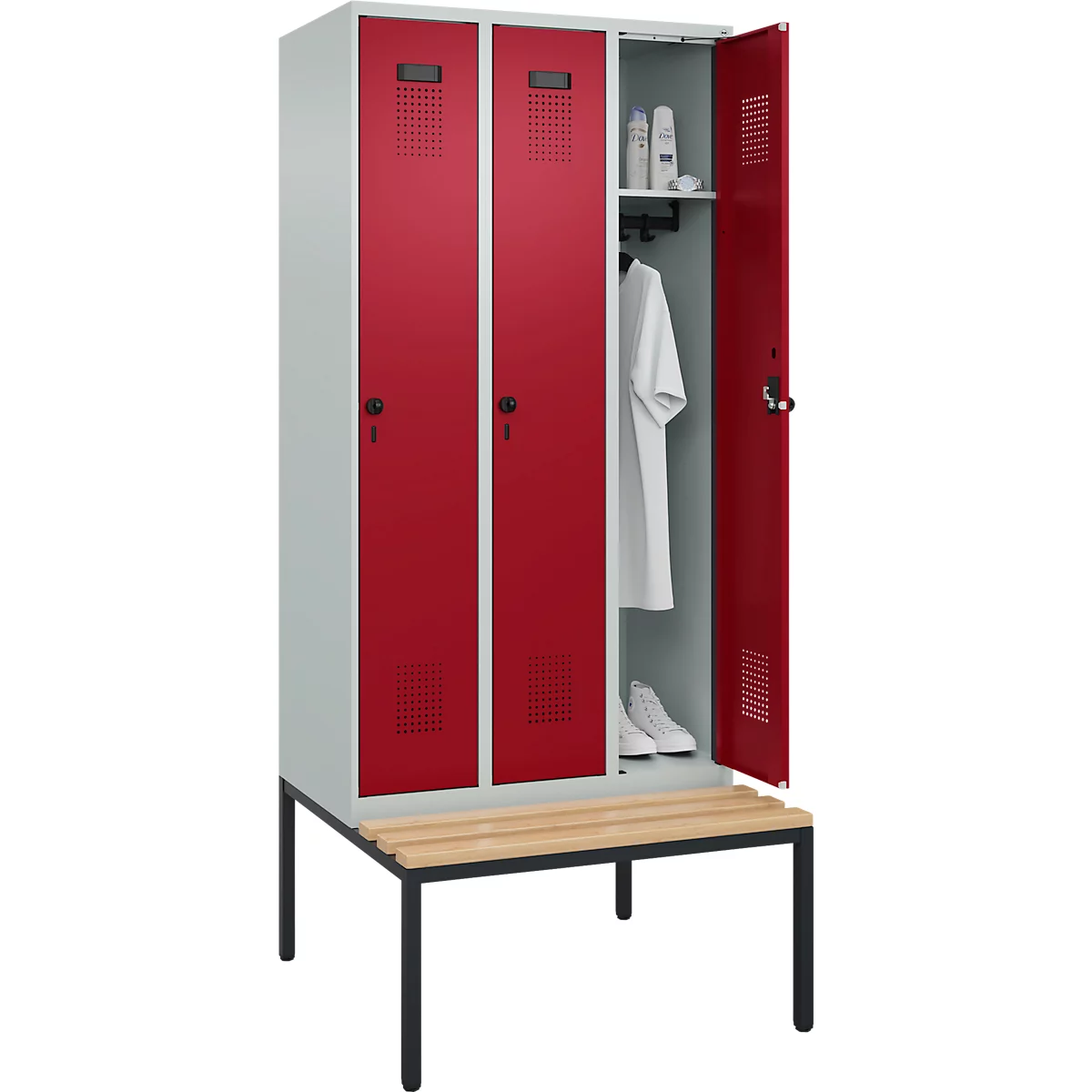 Vestiaire C+P Evolo Plus, 3 compartiments, largeur des compartiments 300 mm, avec banquette encastrée, L 900 x P 815 x H 2120 mm, verrou rotatif, gris clair/rouge rubis