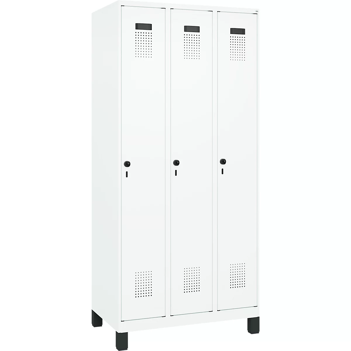 Vestiaire C+P Evolo Plus, 3 compartiments, largeur des compartiments 300 mm, avec pieds, verrou rotatif, L 900 x P 500 x H 1950 mm,blanc trafic/blanc trafic