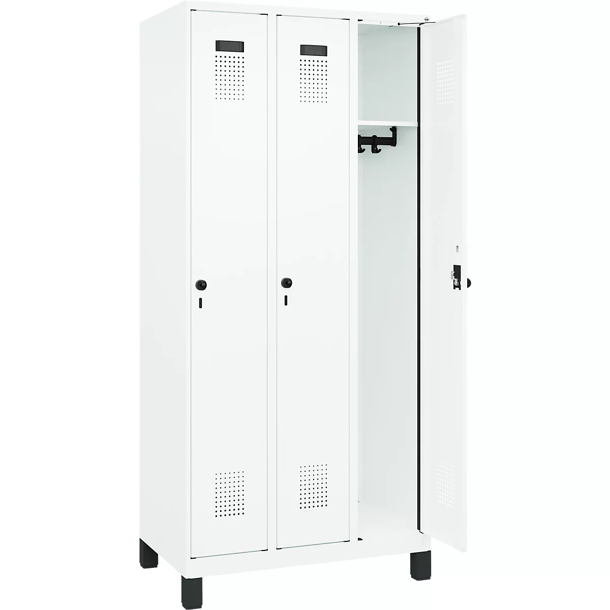 Vestiaire C+P Evolo Plus, 3 compartiments, largeur des compartiments 300 mm, avec pieds, verrou rotatif, L 900 x P 500 x H 1950 mm,blanc trafic/blanc trafic
