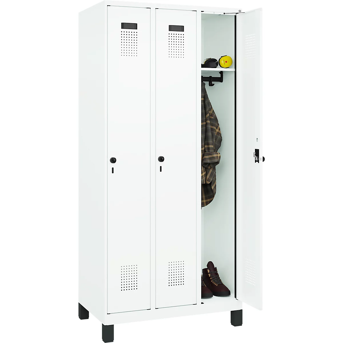 Vestiaire C+P Evolo Plus, 3 compartiments, largeur des compartiments 300 mm, avec pieds, verrou rotatif, L 900 x P 500 x H 1950 mm,blanc trafic/blanc trafic