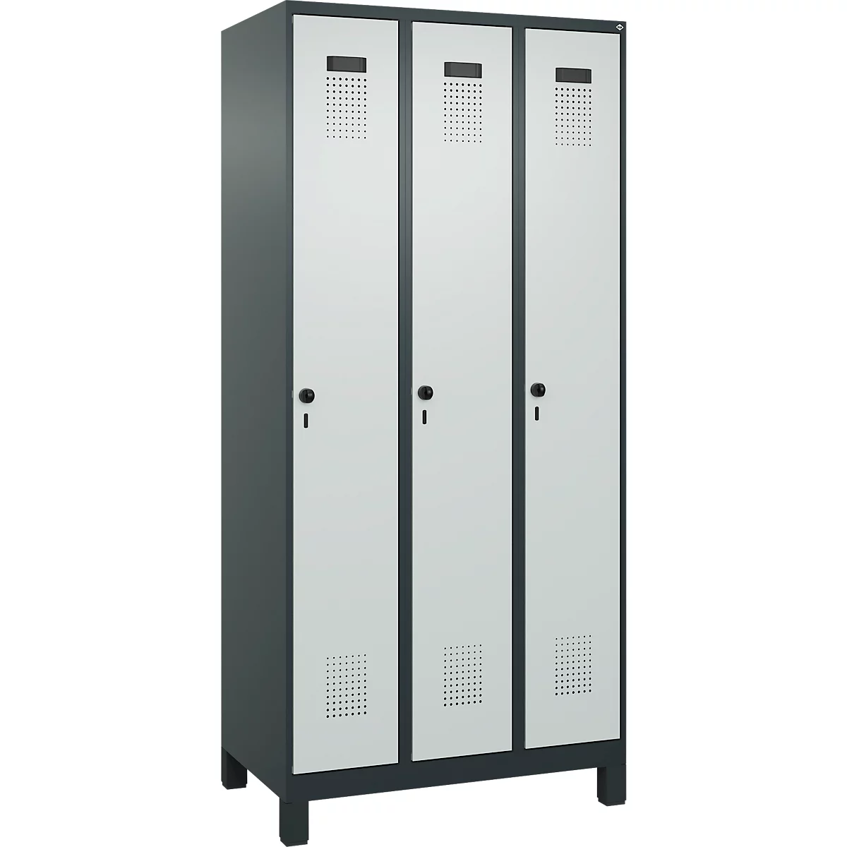 Vestiaire C+P Evolo Plus, 3 compartiments, largeur des compartiments 300 mm, avec pieds, verrou rotatif, L 900 x P 500 x H 1950 mm, gris anthracite/gris clair