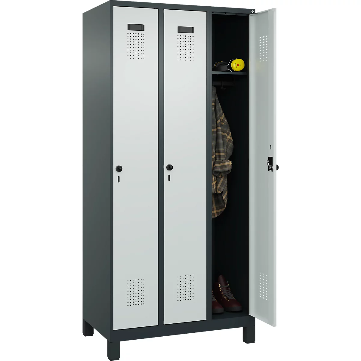 Vestiaire C+P Evolo Plus, 3 compartiments, largeur des compartiments 300 mm, avec pieds, verrou rotatif, L 900 x P 500 x H 1950 mm, gris anthracite/gris clair