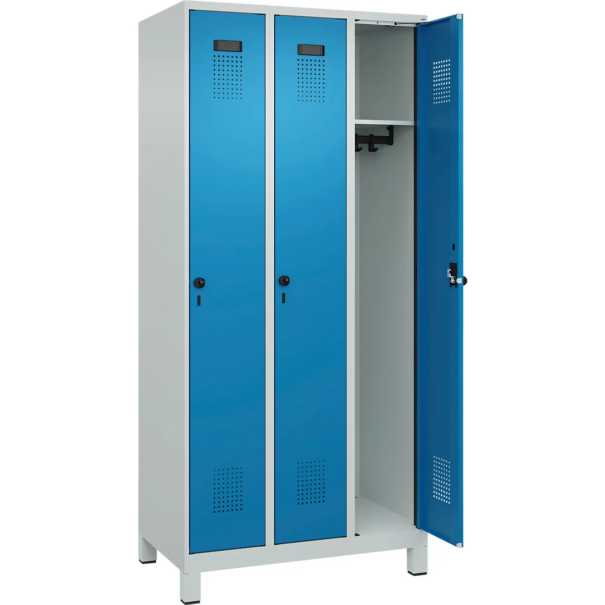 Vestiaire C+P Evolo Plus, 3 compartiments, largeur des compartiments 300 mm, avec pieds, verrou rotatif, L 900 x P 500 x H 1950 mm, gris clair/bleu clair
