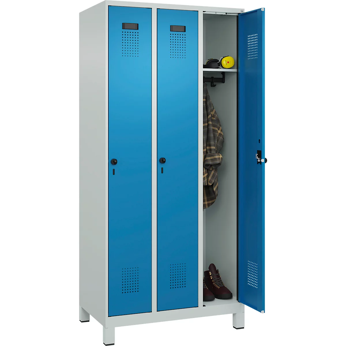 Vestiaire C+P Evolo Plus, 3 compartiments, largeur des compartiments 300 mm, avec pieds, verrou rotatif, L 900 x P 500 x H 1950 mm, gris clair/bleu clair
