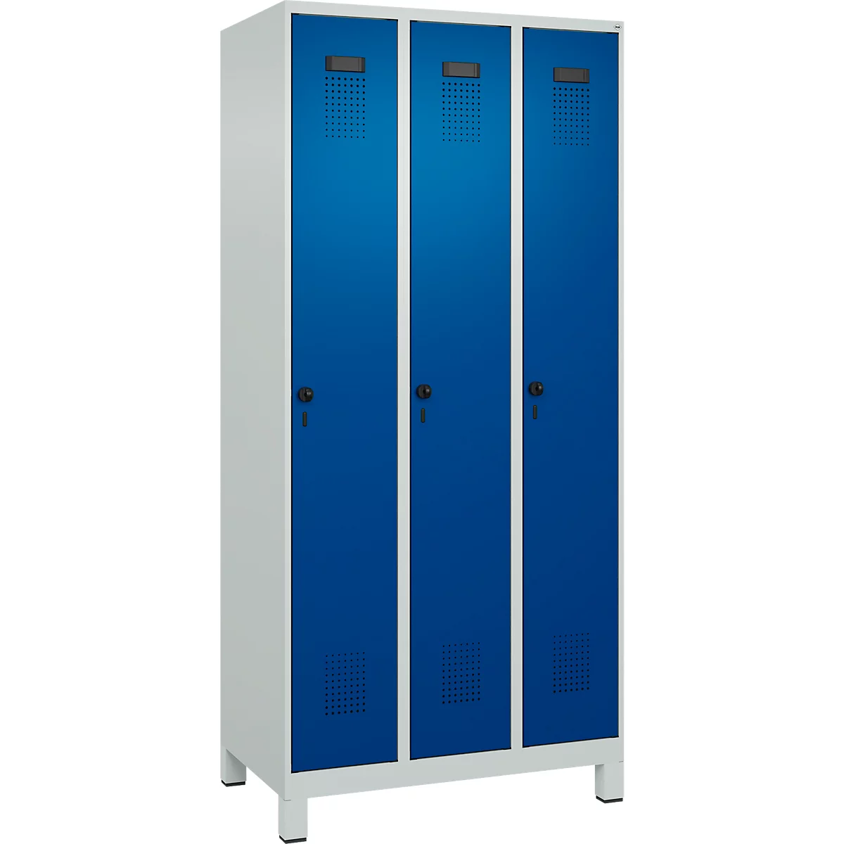 Vestiaire C+P Evolo Plus, 3 compartiments, largeur des compartiments 300 mm, avec pieds, verrou rotatif, L 900 x P 500 x H 1950 mm, gris clair/bleu gentiane