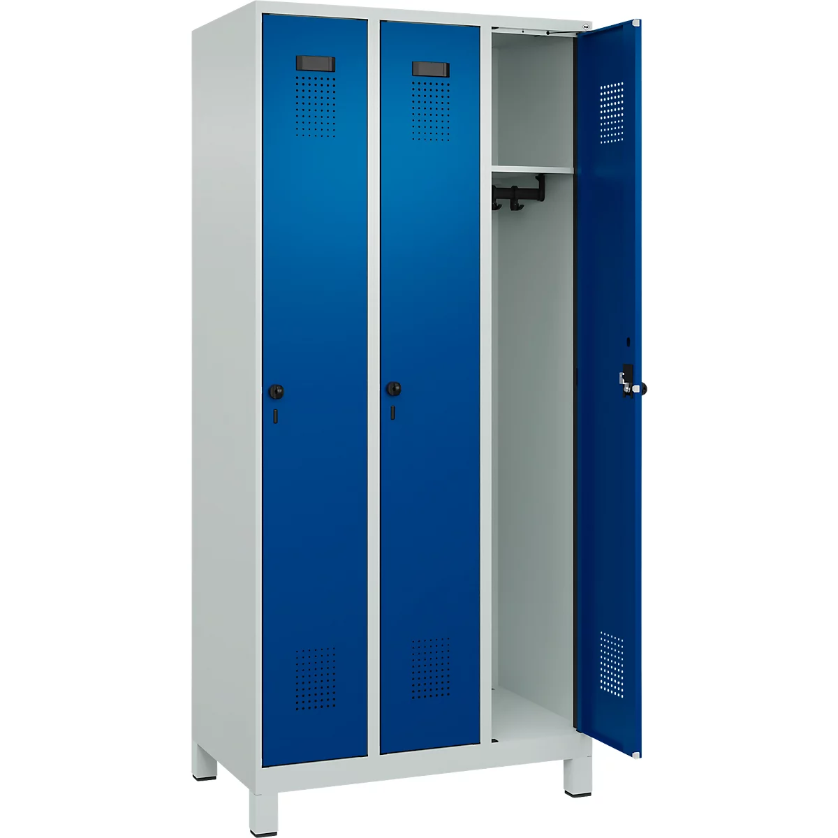 Vestiaire C+P Evolo Plus, 3 compartiments, largeur des compartiments 300 mm, avec pieds, verrou rotatif, L 900 x P 500 x H 1950 mm, gris clair/bleu gentiane