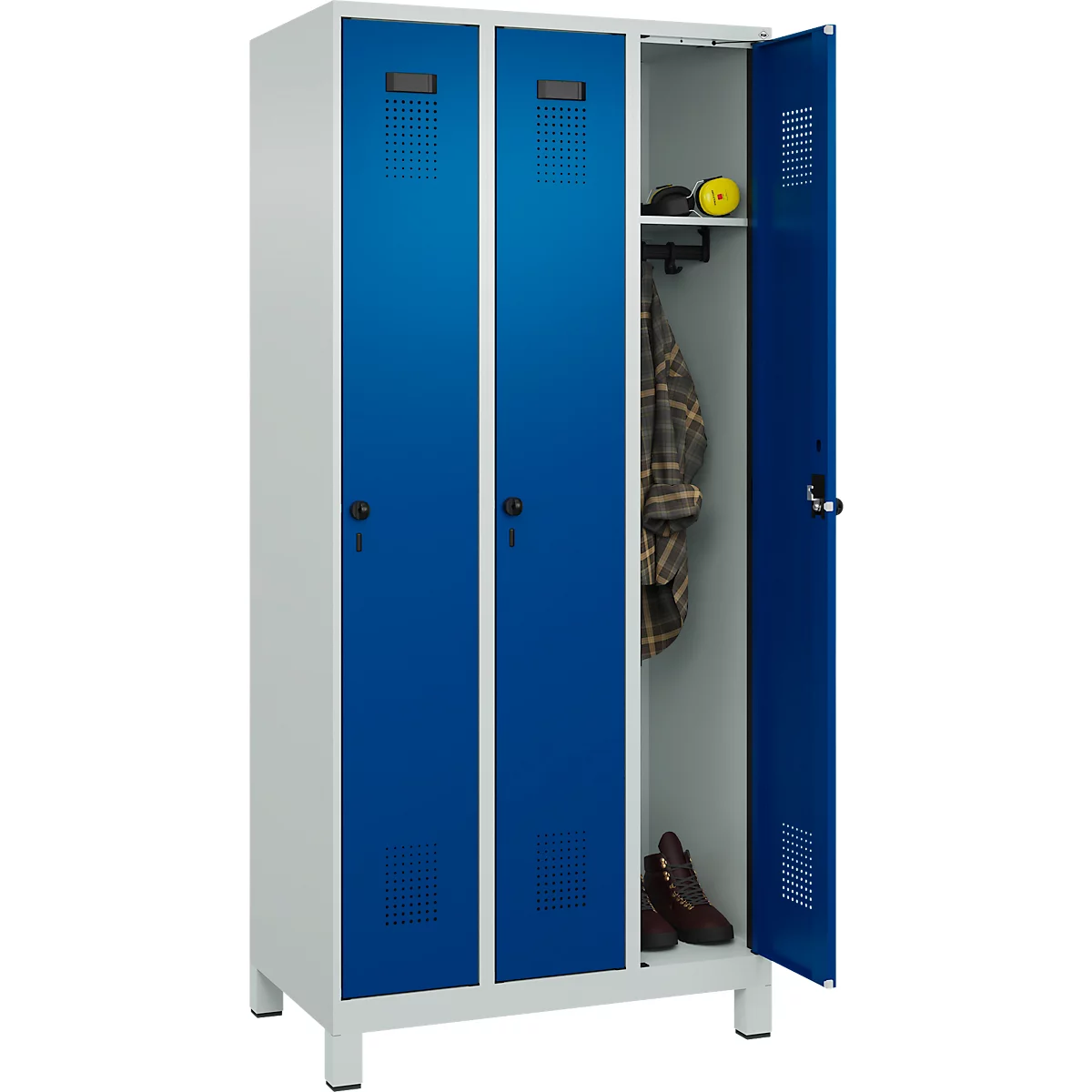 Vestiaire C+P Evolo Plus, 3 compartiments, largeur des compartiments 300 mm, avec pieds, verrou rotatif, L 900 x P 500 x H 1950 mm, gris clair/bleu gentiane